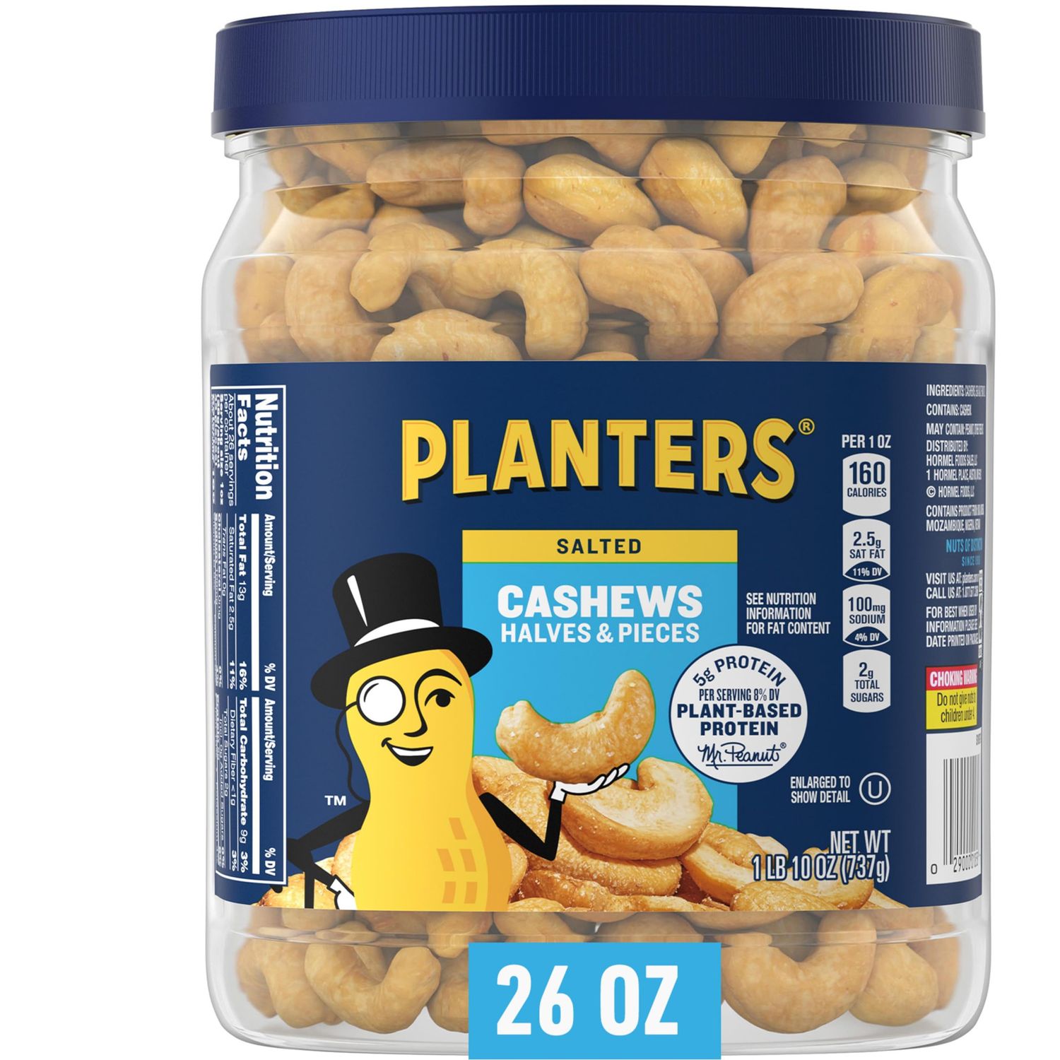 PLANTERS Salted Cashew Halves &amp; Pieces, Party Snacks, Plant-Based Protein, Quick Snack for Adults, After School Snack, Roasted Cashews, Flavored with Sea Salt, Bulk Nuts, Kosher, 26oz Canister