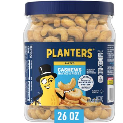 PLANTERS Salted Cashew Halves &amp; Pieces, Party Snacks, Plant-Based Protein, Quick Snack for Adults, After School Snack, Roasted Cashews, Flavored with Sea Salt, Bulk Nuts, Kosher, 26oz Canister