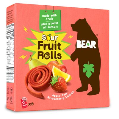 BEAR Sour - Real Fruit Yoyos - Strawberry-Apple - 0.7 Ounce (5 Count) - No added Sugar, All Natural, non GMO, Gluten Free, Vegan - Healthy on-the-go snack for kids &amp; adults