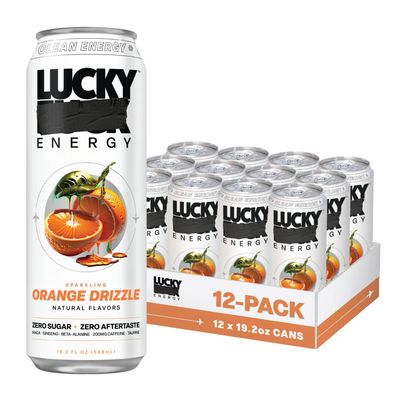 Lucky Energy Sugar Free Energy Drinks 19.2 Fl Oz Cans (Pack of 12) Healthy Energy Drink. Orange Drizzle with Maca, Ginseng, Taurine, Beta-Alanine, 200mg Caffeine (Packaging May Vary)