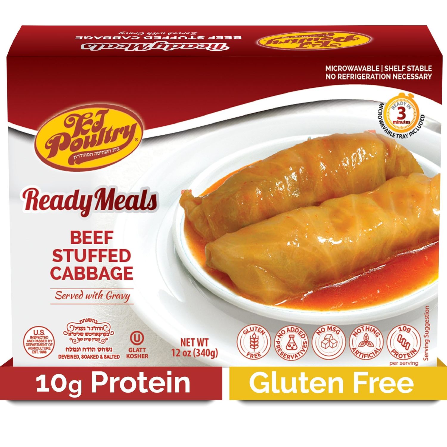 KJ Poultry Kosher Ready Meals - Beef Stuffed Cabbage Rolls, MRE Meat Meals Ready to Eat, Gluten Free (1 Pack) Prepared Entree Fully Cooked, Shelf Stable Microwave Dinner Travel Military Camping