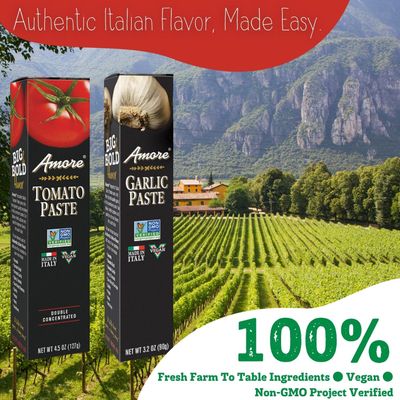 Amore Crowd Favorite - Garlic Paste (3.2oz) &amp; Tomato Paste (4.5oz) in a Tube, Vegan, Non GMO Verified (Variety 2 Pack)