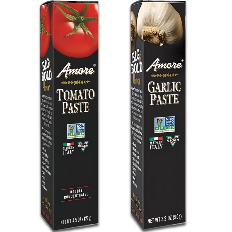 Amore Crowd Favorite - Garlic Paste (3.2oz) &amp; Tomato Paste (4.5oz) in a Tube, Vegan, Non GMO Verified (Variety 2 Pack)