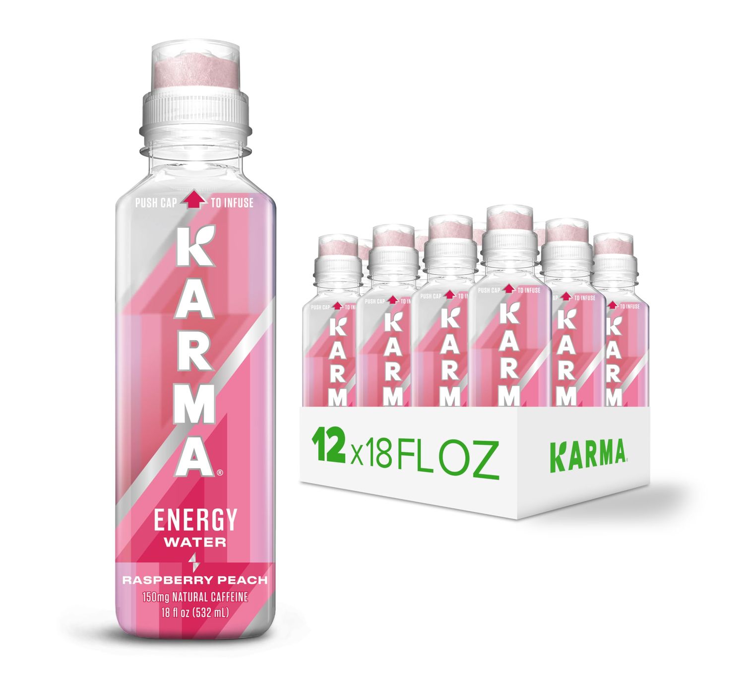 Karma Natural Energy Drink - 12 Pack, Raspberry Peach Caffeinated Water - Clean Focus &amp; Energy Boost
