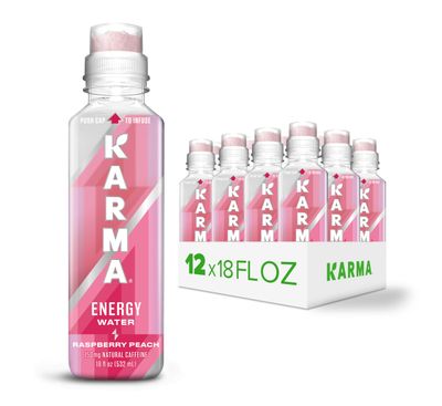 Karma Natural Energy Drink - 12 Pack, Raspberry Peach Caffeinated Water - Clean Focus &amp; Energy Boost