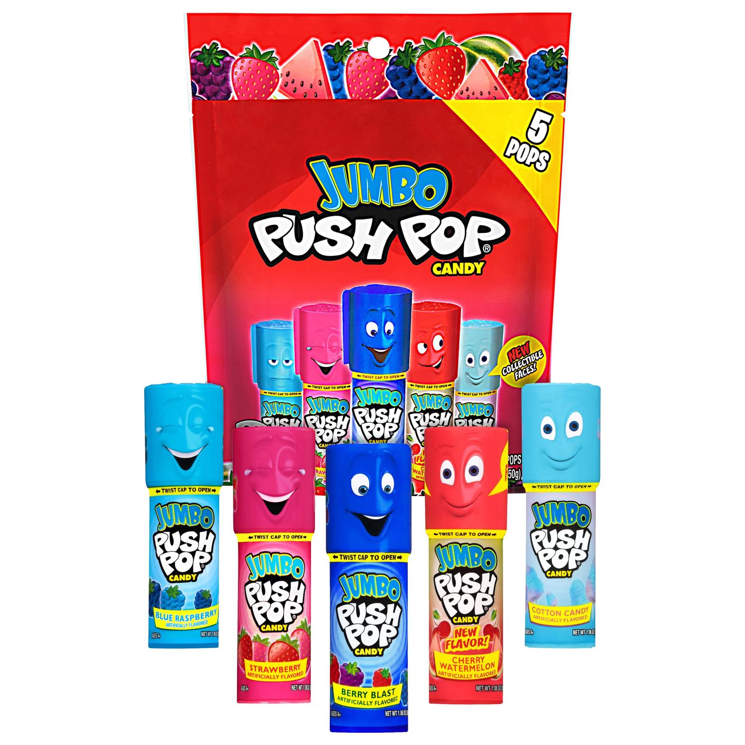 Push Pop Jumbo Individually Wrapped Bulk Lollipop Holiday Variety Party Pack - 8 Bags of 5 Lollipops in Fruity Flavors - Candy Stocking Stuffers For Kids Candy Gifts and Holiday Party Favors