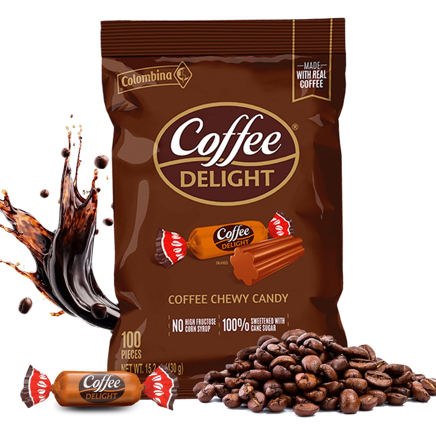 Colombina Coffee Delight Chewy Candy, Gluten-Free Soft Chewy Coffee Candies Made w/Authentic Colombian Coffee, 1 Pack (100 Count)