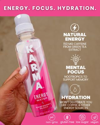 Karma Natural Energy Drink - 12 Pack, Raspberry Peach Caffeinated Water - Clean Focus &amp; Energy Boost