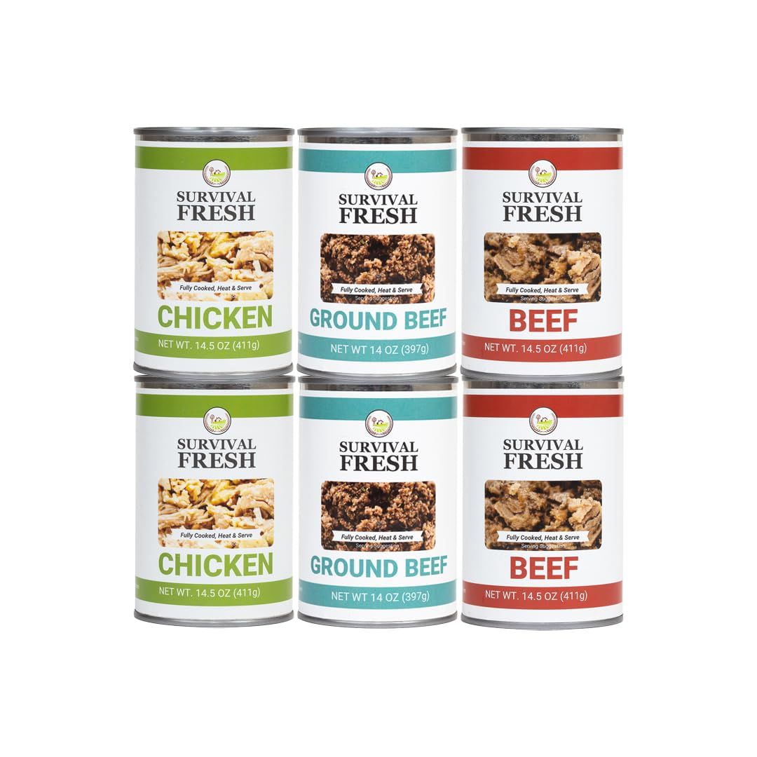Survival Fresh Mixed Canned Meat - All Natural Canned Meat 2 Beef, 2 Chicken, 2 Ground Beef - Emergency Survival Meal 14.5oz Small Cans for Camping &amp; Hiking - Meats from USA Farms (6 Pack)