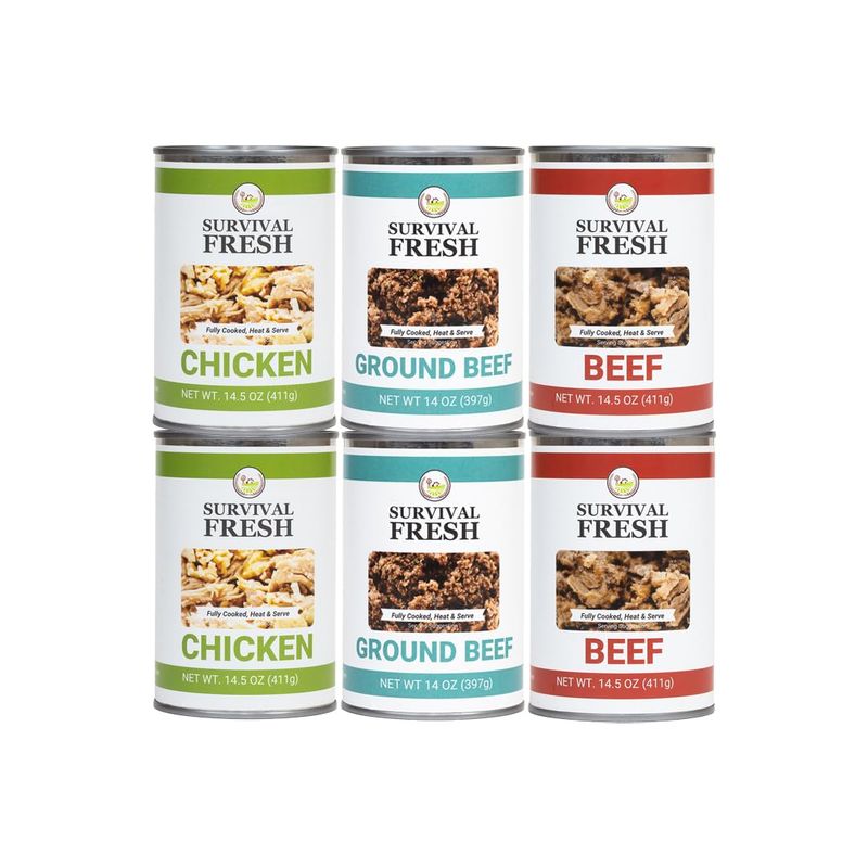 Survival Fresh Mixed Canned Meat - All Natural Canned Meat 2 Beef, 2 Chicken, 2 Ground Beef - Emergency Survival Meal 14.5oz Small Cans for Camping &amp; Hiking - Meats from USA Farms (6 Pack)