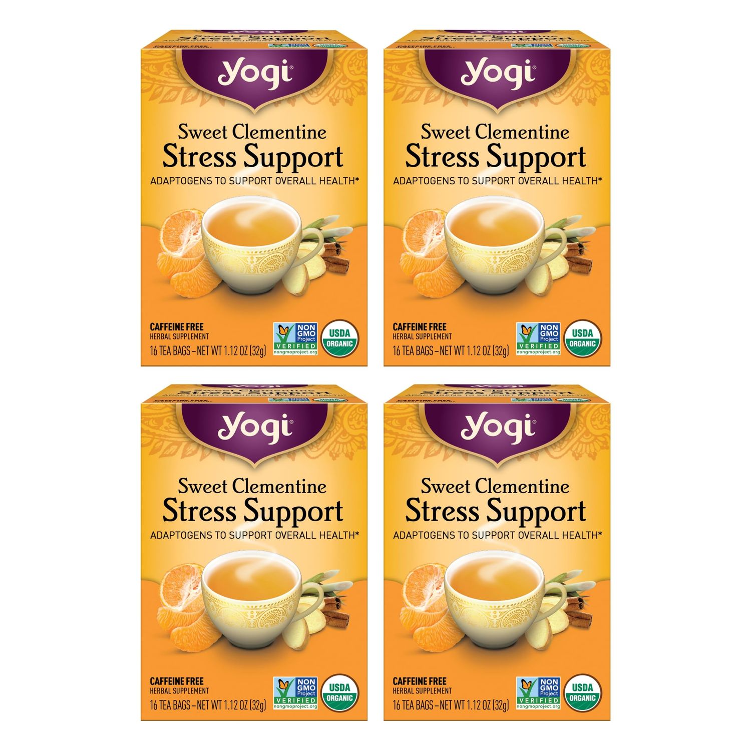 Yogi Tea Sweet Clementine Stress Support Tea - 16 Tea Bags per Pack (4 Packs) - Stress Support Herbal Tea - Calming Adaptogen Tea - Includes Ashwagandha Root, Lemongrass, Cinnamon Bark &amp; More