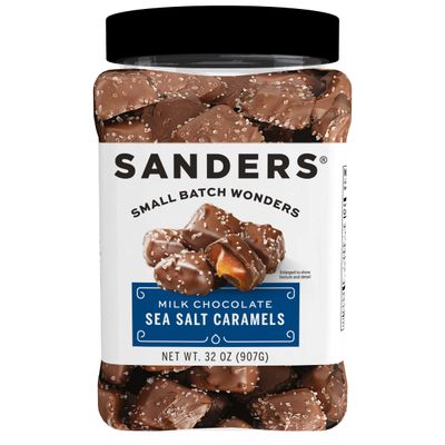 Sanders Milk Chocolate Sea Salt Caramels (32 oz Tub) - Handcrafted Small Batch Slow Cooked Caramel, Sea Salt Chocolate with Rich Indulgent Flavor, Sweet &amp; Salty