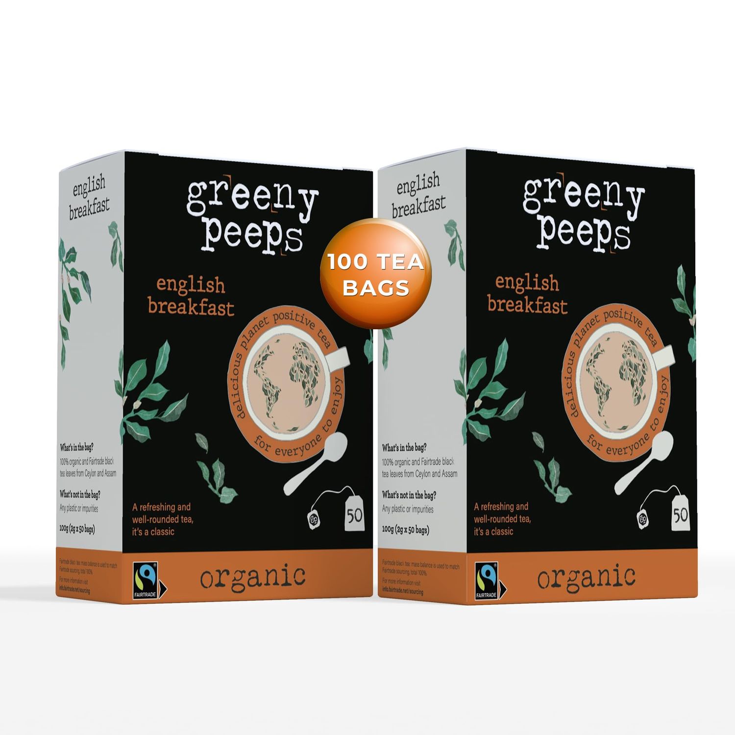 Greenypeeps Organic English Breakfast Tea Bags - Rich and Robust Ceylon Black Tea Bags for Iced or Hot Tea Beverages - USDA Organic and Fairtrade Caffeinated Tea - English Tea with Caffeine - 100 ct