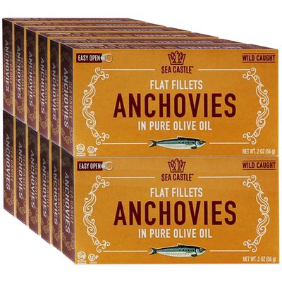 Sea Castle Flat Fillets Anchovies In Pure Olive Oil 2 OZ (12 Pack) Wild Caught Fish, Easy Open Can, Kosher