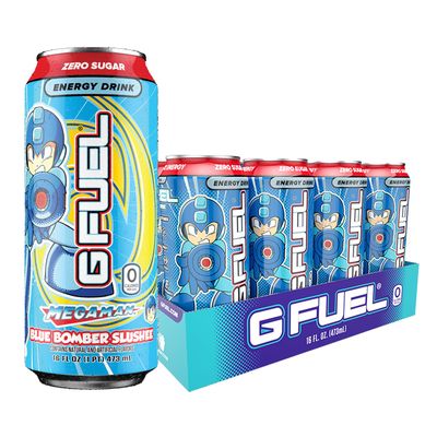 G Fuel Megaman Energy Drink, Sugar Free, Healthy Drinks, Zero Calorie, 300 mg Caffeine per Carbonated Can, Blue Raspberry Vanilla Slushee Flavor, Focus Amino, Vitamin + Antioxidants Blend - 12 Pack