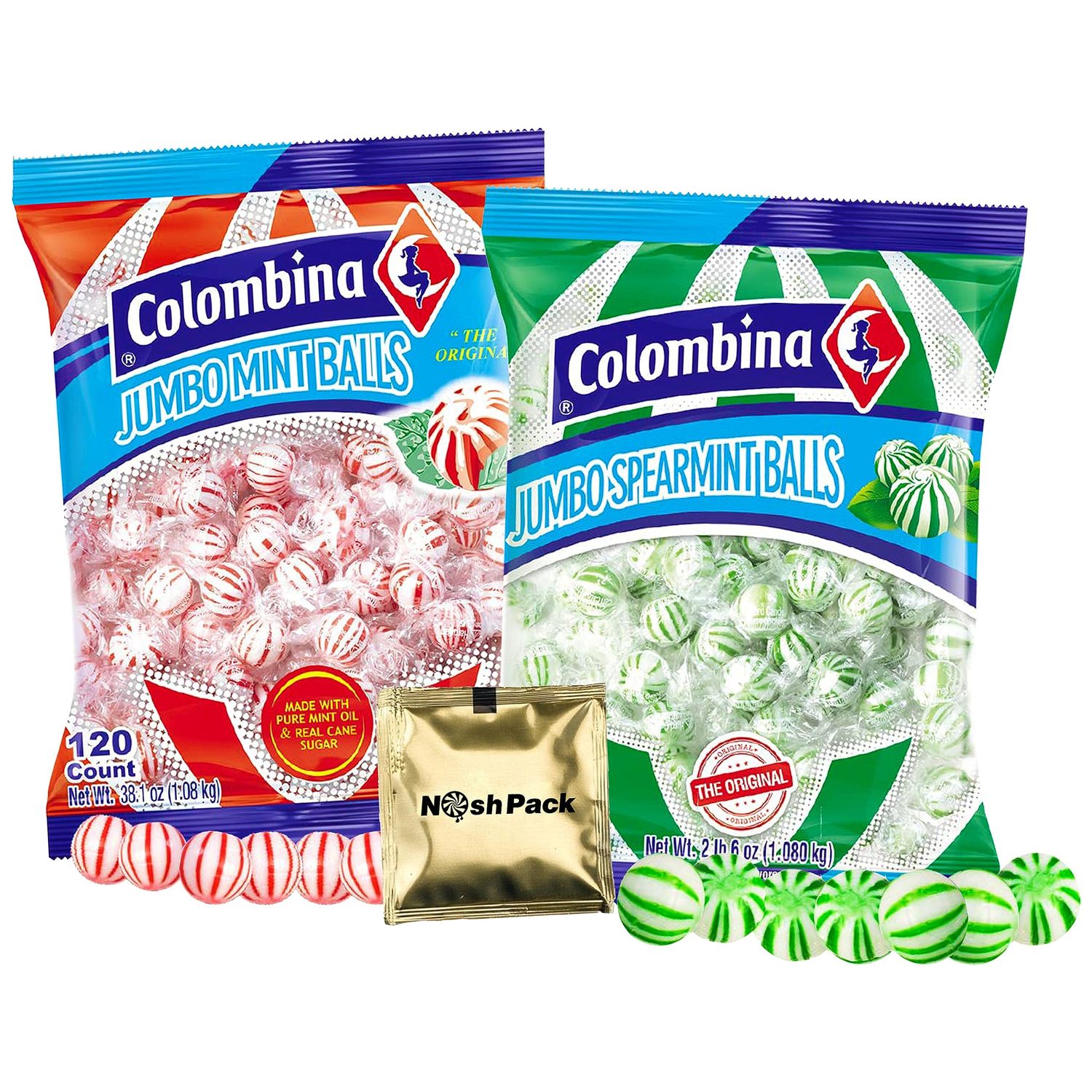 NOSH PACK Jumbo Spearmint and Peppermint Candy Individually Wrapped, 120 Pieces of Each Flavor Christmas Candy Bulk Mint Balls Hard Candy Stocking Stuffer, Candy Buffet, with Nosh Pack Mints (2 Pack)