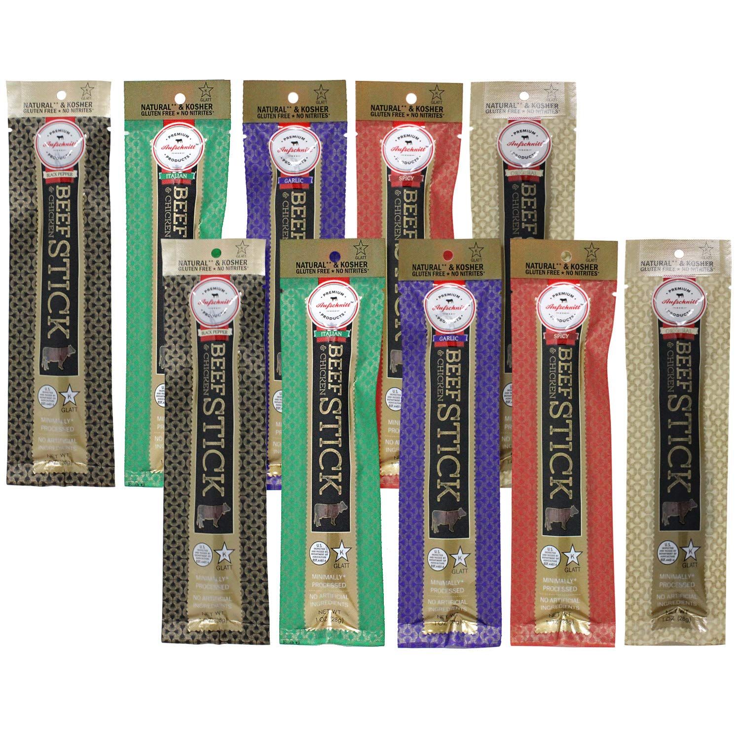 Aufschnitt Grass Fed Beef Jerky Sticks - Low Sodium, Certified Kosher - Halal and Keto Friendly - 10 Pack, Variety