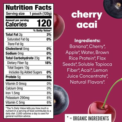 Noka Superfood Fruit Smoothie Pouches, Cherry Acai, Healthy Snacks with Flax Seed, Plant Protein and Prebiotic Fiber, Vegan and Gluten Free Snacks, Organic Squeeze Pouch, 4.22 oz, 12 Count