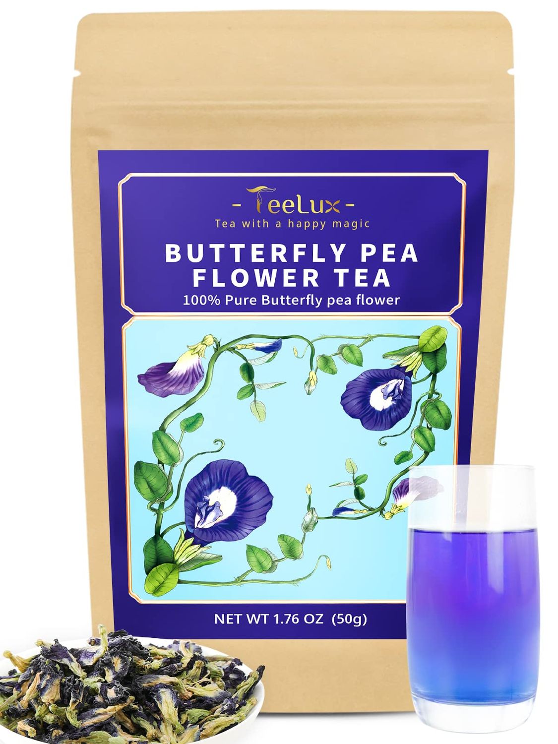 TeeLux Butterfly Pea Flower Tea, Non-GMO, Pure Natural Butterfly Pea Tea, Premium Dried Butterfly Pea Flower for Blue &amp; Purple Drinks and Food Coloring, 1.76 Oz