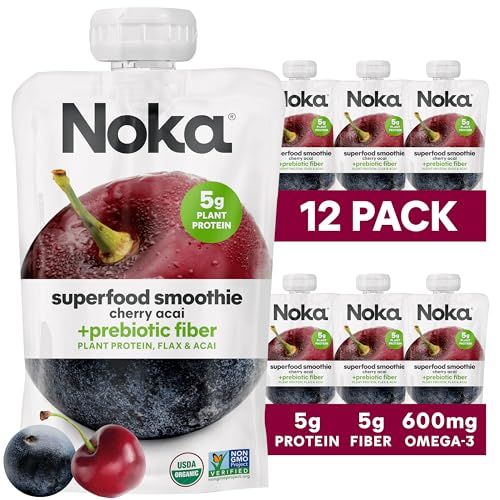 Noka Superfood Fruit Smoothie Pouches, Cherry Acai, Healthy Snacks with Flax Seed, Plant Protein and Prebiotic Fiber, Vegan and Gluten Free Snacks, Organic Squeeze Pouch, 4.22 oz, 12 Count