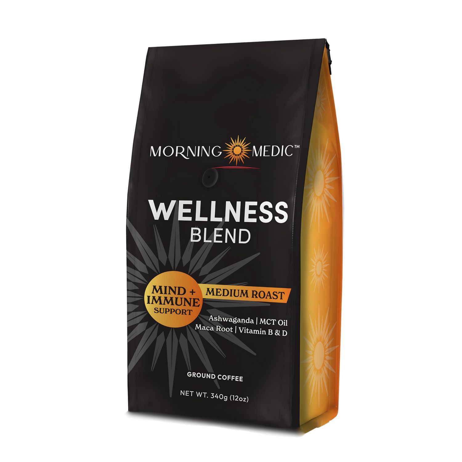 Morning Medic Wellness Coffee with Ashwagandha, MCT Oil, Maca Root, Vitamin B6, Vitamin B12, Vitamin D, and Cinnamon, Ground Coffee Medium Roast, 12 oz
