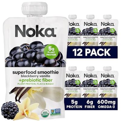 Noka Superfood Fruit Smoothie Pouches, Blackberry Vanilla, Healthy Snacks with Flax Seed, Plant Protein and Prebiotic Fiber, Vegan and Gluten Free Snacks, Organic Squeeze Pouch, 4.22 oz, 12 Count