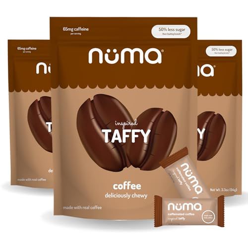 Numa Foods Coffee Chews - Caffeinated Taffy Candy, Low Sugar, High Protein, Low Calorie, All Natural &amp; Gluten Free Coffee Candy with Caffeine - 3 Bags with 10 Coffee Candies Individually Wrapped