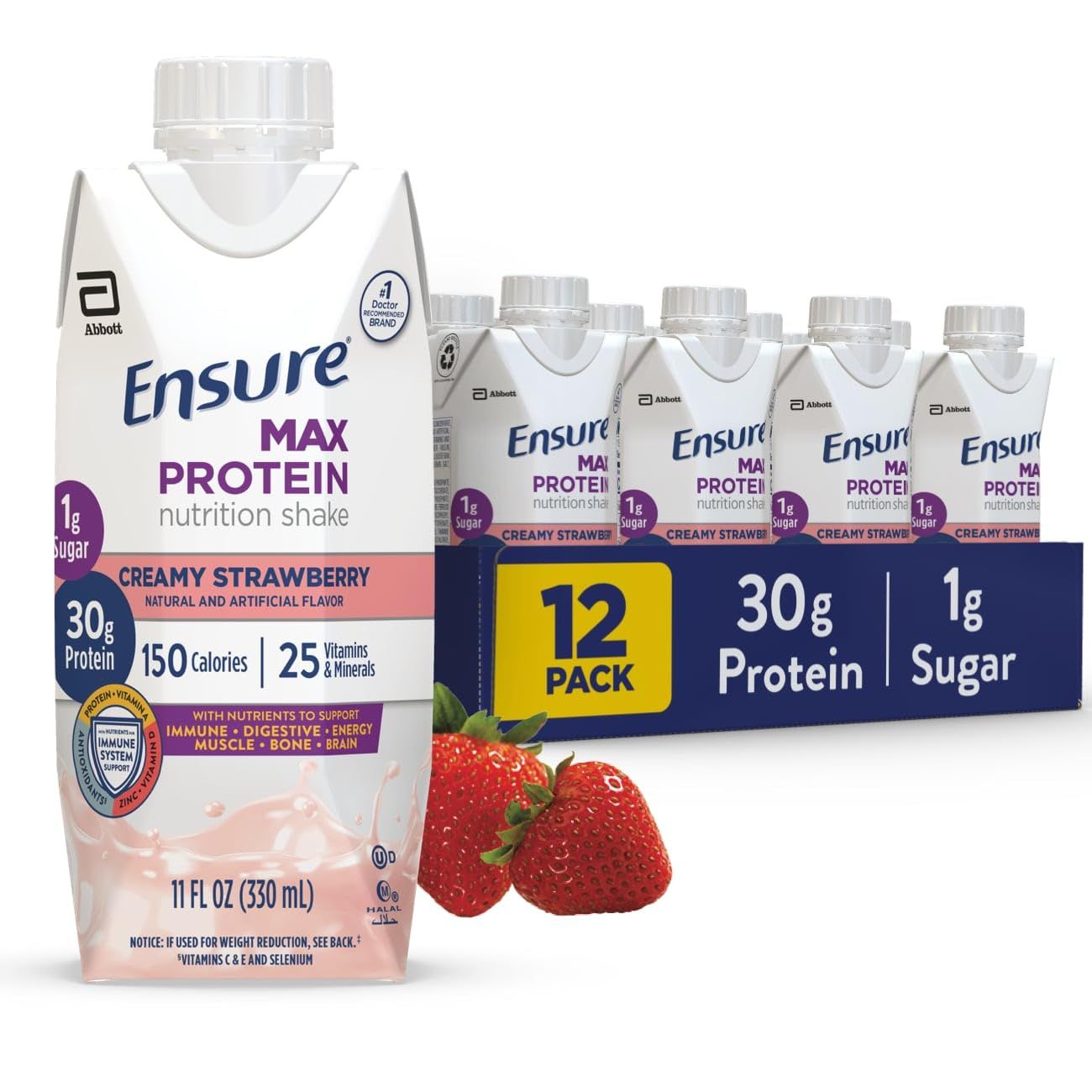 Ensure Max Protein Creamy Strawberry Nutrition Shake | 30g Protein, 1g Sugar, 4g Fiber Blend | 12 Pack
