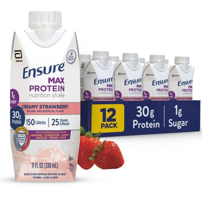 Ensure Max Protein Creamy Strawberry Nutrition Shake | 30g Protein, 1g Sugar, 4g Fiber Blend | 12 Pack