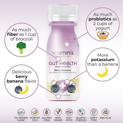 Vitaminis - Gut Health Shot - Berry Banana Juice with Probiotics and Fiber for Digestive Health. Dairy Free, No Added Sugar, Shelf Stable, &amp; Gentle for Kids, Women, &amp; Men (2.5 Fl. Oz, Pack of 12)