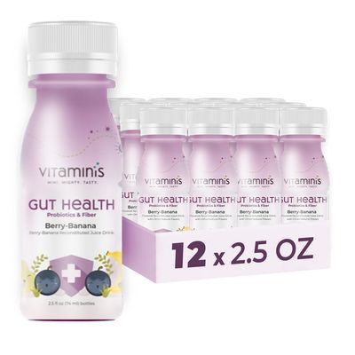 Vitaminis - Gut Health Shot - Berry Banana Juice with Probiotics and Fiber for Digestive Health. Dairy Free, No Added Sugar, Shelf Stable, &amp; Gentle for Kids, Women, &amp; Men (2.5 Fl. Oz, Pack of 12)