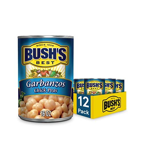BUSH&#39;S BEST 16 oz Canned Garbanzo Beans (Chickpeas), Source of Plant Based Protein and Fiber, Vegetarian, Low Fat, Gluten Free, (Pack of 12)