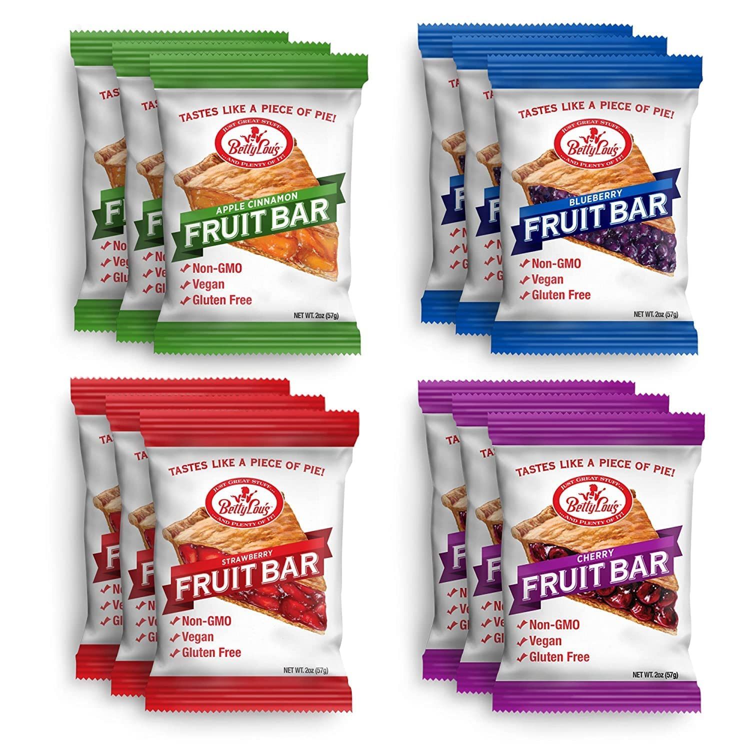 Betty Lou&#39;s Fruit Bars Variety Pack | Gluten Free Snacks for Adults and Kids | 4 Flavors of Vegan Breakfast &amp; Cereal Bars | Apple Cinnamon, Blueberry, Strawberry, and Cherry (12 Pack)