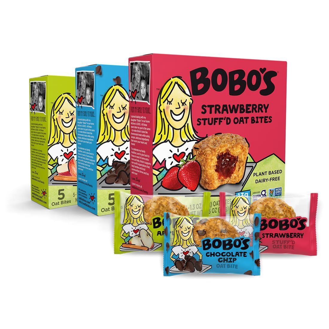 Bobo&#39;s Oat Bites Stuff&#39;d Variety Pack (Strawberry, Original Chocolate Chip, and Apple Pie), Pack of 30 (1.3 oz Bites), Gluten Free Whole Grain Rolled Oats