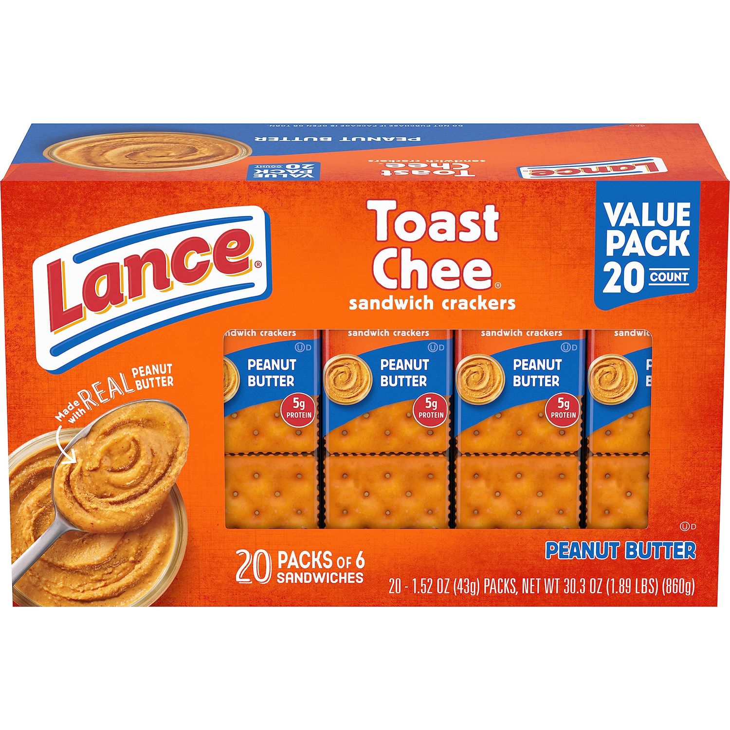 Lance Sandwich Crackers, ToastChee Peanut Butter, 20 Individually Wrapped Packs, 6 Sandwiches Each