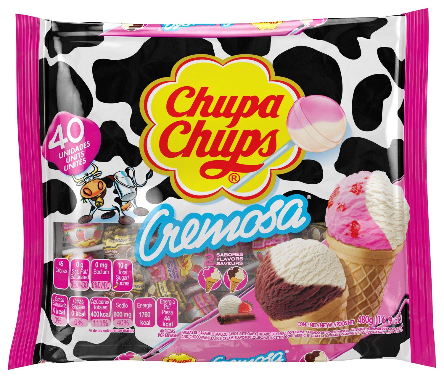 Chupa Chups Cremosa Candy Lollipop Variety Assortment, 2 Ice Cream Flavors, Holiday Christmas Stocking Stuffers for Kids, 16.9 oz Bag (40 Suckers)