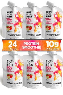 Fuel for Fire Protein Smoothie Pouch - Strawberry Banana (24-Pack) | Healthy Snack &amp; Recovery | No Sugar Added, Dietitian Approved | Functional Fruit Smoothies | Gluten Free, Kosher (4.5oz pouches)