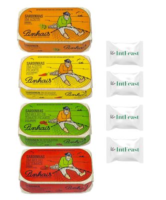 Pinhais Canned Sardines Variety Pack 4.4 oz- Virgin Olive Oil Regular (1), Virgin Olive Oil Spicy (1), Tomato Sauce Regular (1) and Tomato Sauce Spicy (1) (Pack of 4) with 4 Pieces Intfeast Mints