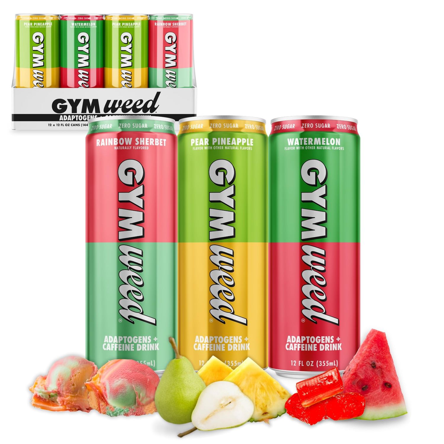 GYM WEED Caffeine + Adaptogen Drink with 200mg Caffeine from Green Tea, Ashwagandha, Lions Mane Mushroom, L Theanine, B Vitamins, and Electrolytes, Zero Sugar Drinks, Variety Pack, 12 Pack