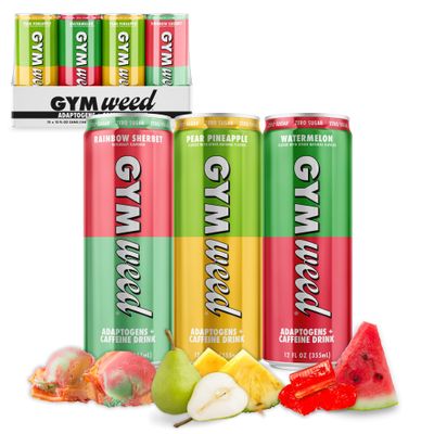 GYM WEED Caffeine + Adaptogen Drink with 200mg Caffeine from Green Tea, Ashwagandha, Lions Mane Mushroom, L Theanine, B Vitamins, and Electrolytes, Zero Sugar Drinks, Variety Pack, 12 Pack