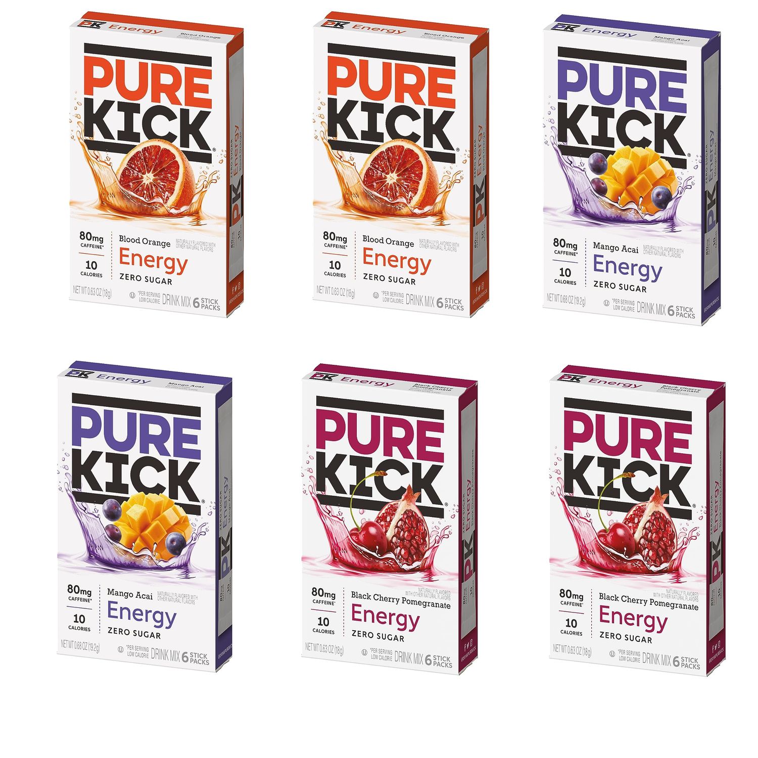 Pure Kick Energy Singles To Go Drink Mix, Variety Pack, 2 Boxes Blood Orange, 2 Boxes Mango Acai, 2 Boxes Black Cherry Pomegranate (36 Single Servings)