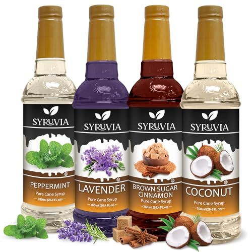 Syruvia Coffee Syrup Variety Pack, Lavender, Coconut, Peppermint, and Brown Sugar Cinnamon - Gluten-Free, Kosher, 25.4 fl oz bottles - Elevate Your Coffee Experience!