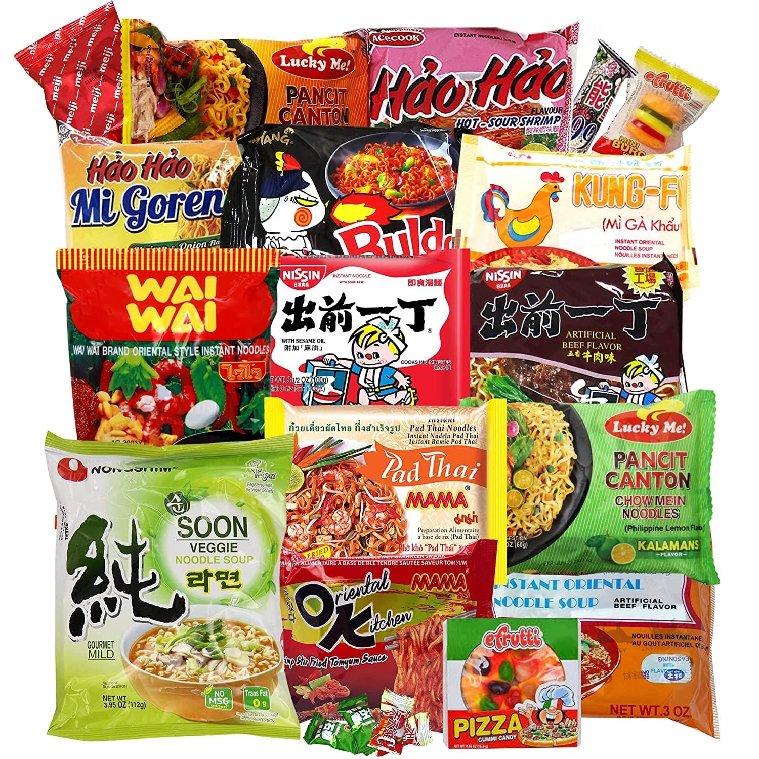 Infiniteeshop Asian Ramen Custom Variety Pack of 10 with 4 Flavors, Free Asian Snacks Included Student Care Package, Birthday Treat for Adults, Noodles Gift Snack Pack