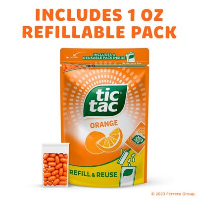 Tic Tac Orange Flavored Mints, Bulk Resealable Refill Bag, On-the-Go Refreshment, Stocking Stuffer, Includes Empty Refillable Pack, 17.2 oz