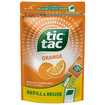 Tic Tac Orange Flavored Mints, Bulk Resealable Refill Bag, On-the-Go Refreshment, Stocking Stuffer, Includes Empty Refillable Pack, 17.2 oz