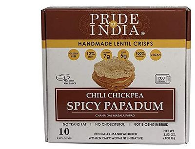 Pride Of India - Spicy Chickpea Masala Papadum Lentil Crisp, Pack of 6-10 count Box (3.53oz - 100gm) - Instant Popping Chips, Gluten-Free Crackers, Healthy Indian Snacks