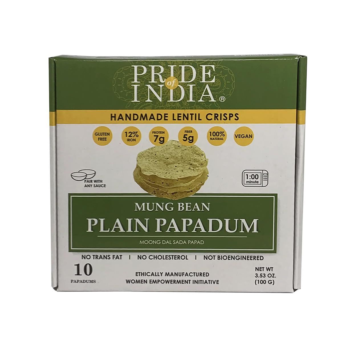 Pride Of India - Mung Bean Plain Papadum Lentil Crisp, 10 count (3.53oz - 100gm) - Plant Based Protein Snack, Gluten-Free Vegan Crackers, Healthy Bean Chips, Traditional Handmade Indian Low Carb Food