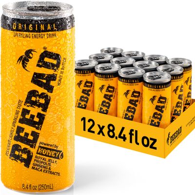 BEEBAD Sparkling Energy Drink Powered by Honey, Ginseng, Propolis, Maca, plus B6 and B12 Vitamins,12 Count