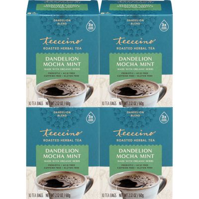 Teeccino Dandelion Mocha Mint Tea - Caffeine Free, Roasted Herbal Tea with Prebiotics, 3x More Herbs than Regular Tea Bags, Gluten Free - 10 Tea Bags (Pack of 4)