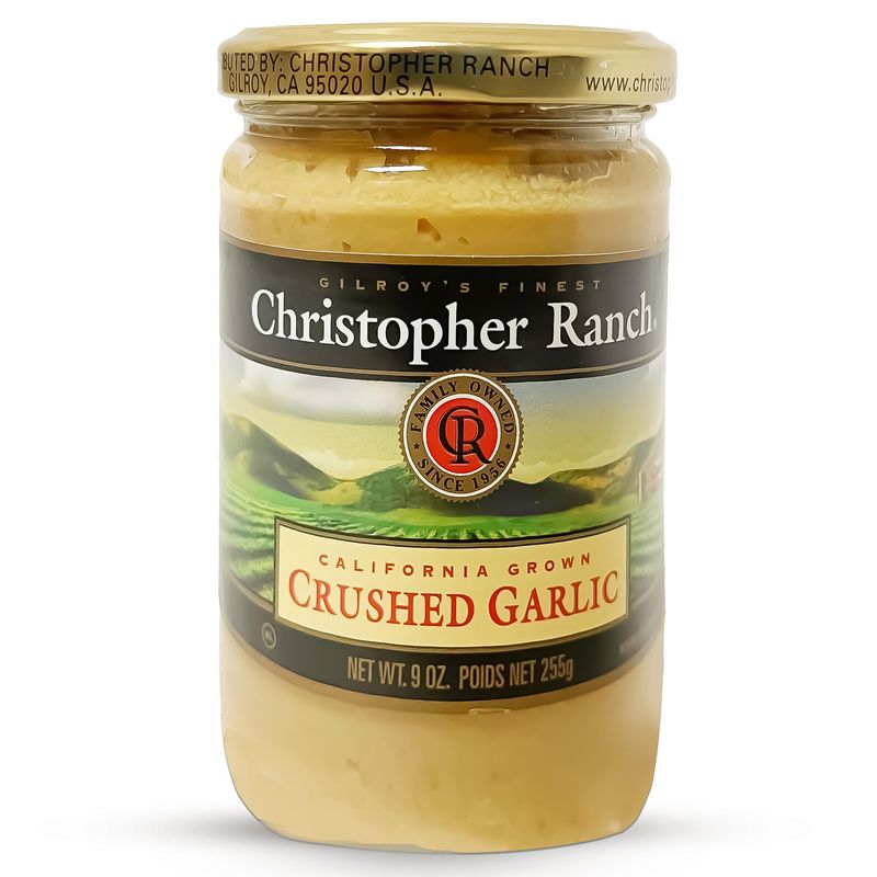 Christopher Ranch Crushed Garlic in Olive Oil Award Winning Heirloom Fresh Garlic from California Family Farm Bold Nutty Flavor Creamy Finish Jar for Steak Seasoning &amp; Foodie Gifts - 9 Oz (Pack of 1)